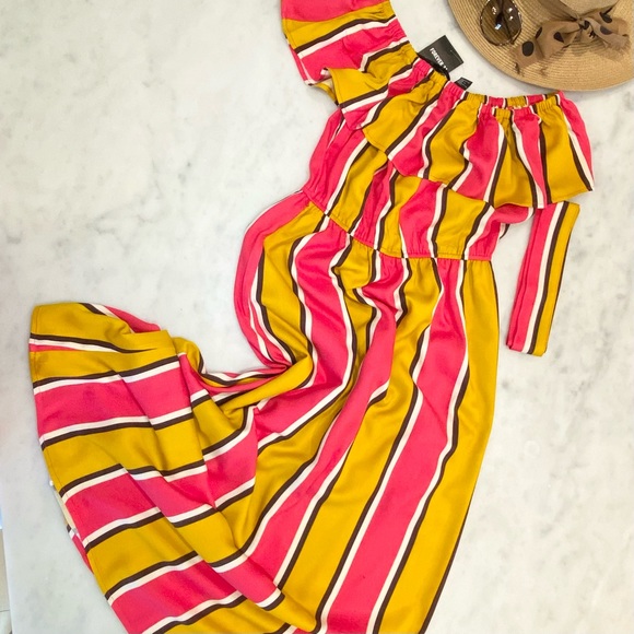 Size M•Bold Striped Ruffle Short Sleeve Tie Waist Maxi Multicolor - Size M - Picture 3 of 9